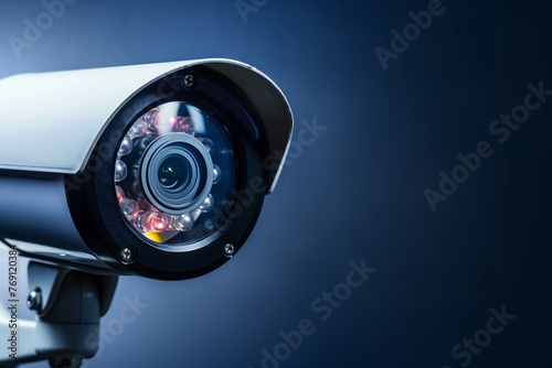 Close-up of a security camera over dark background with copy space