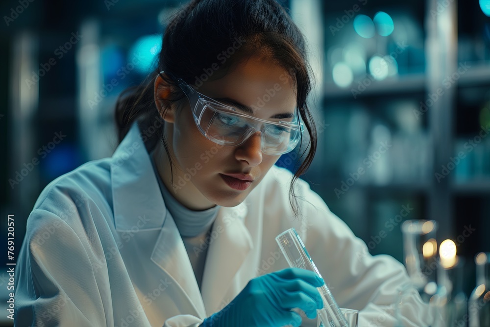 Portrait of a woman in a laboratory. Female chemist performing experiments in the laboratory. Woman scientist. Portrait of a woman in a laboratory. Female chemist performing experiments in the laboratory. Woman scientist.