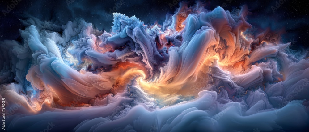    swirling white and orange smoke on black background with starry sky