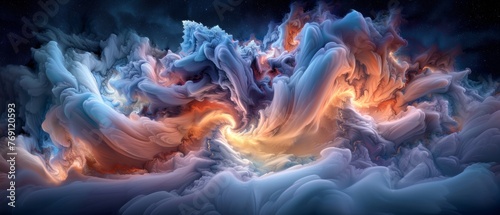  swirling white and orange smoke on black background with starry sky