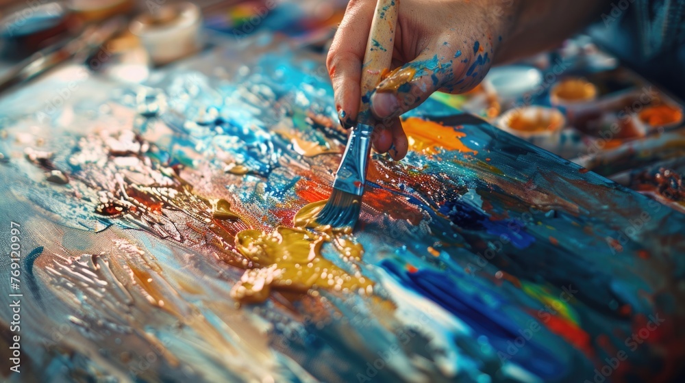 An artist's hand painting on a canvas, with the focus on the brush and colors being blended. An artist's hand painting on a canvas, with the focus on the brush and colors being blended.