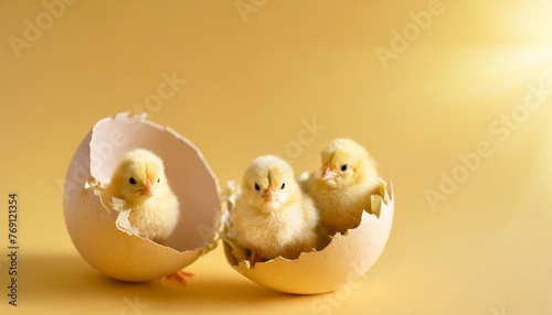 small yellow chickens in a shell on a yellow background postcard with copy space easter concept