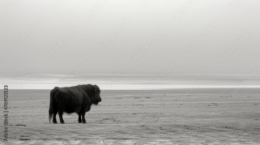 A monochrome image of a cow in a field, with the sea in the distance A monochrome image of a cow in a field, with the sea in the distance