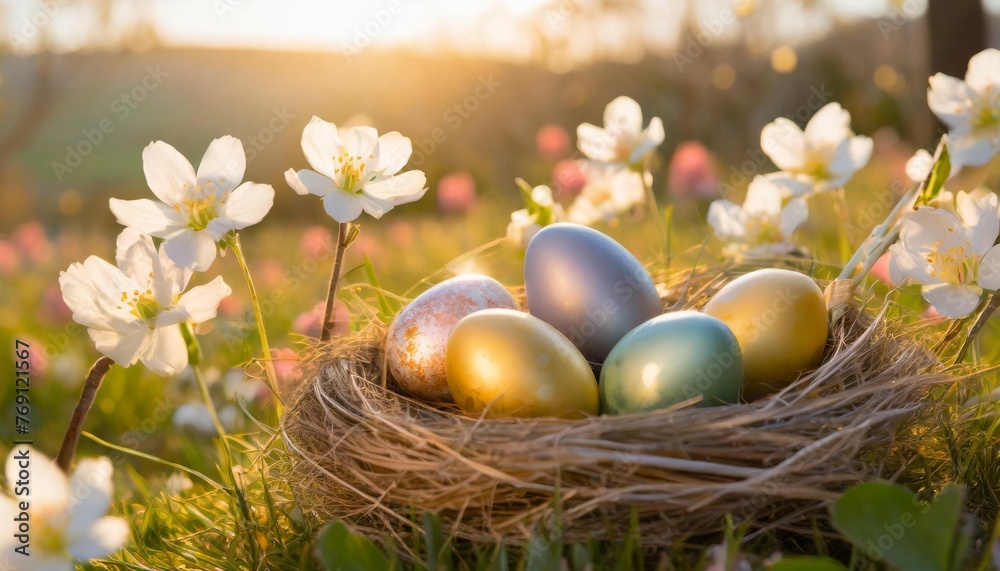 colorful easter eggs in nest on grass with spring flowers background