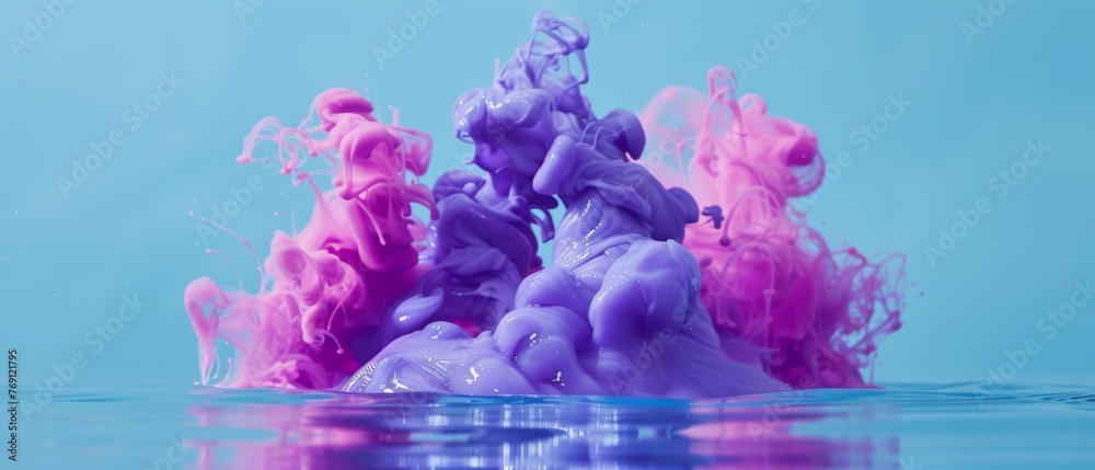   A blue water surface reflects as a purple and pink liquid splashes into it