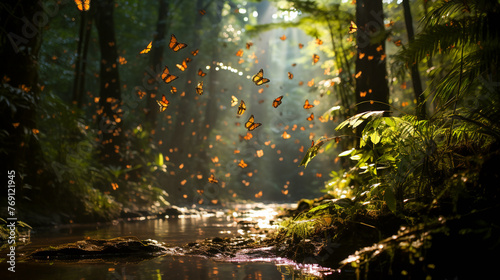 Monarch butterflies. Millions of butterflies create a living carpet on the forest © EwaStudio