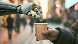 Close up of robot hand donating cryptocurrency to a homeless human