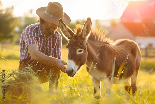 Farmer feeding a donkey in a sunlit field. Agriculture and livestock industry concept. Animal husbandry. Farming lifestyle, farmland. Design for banner, poster 