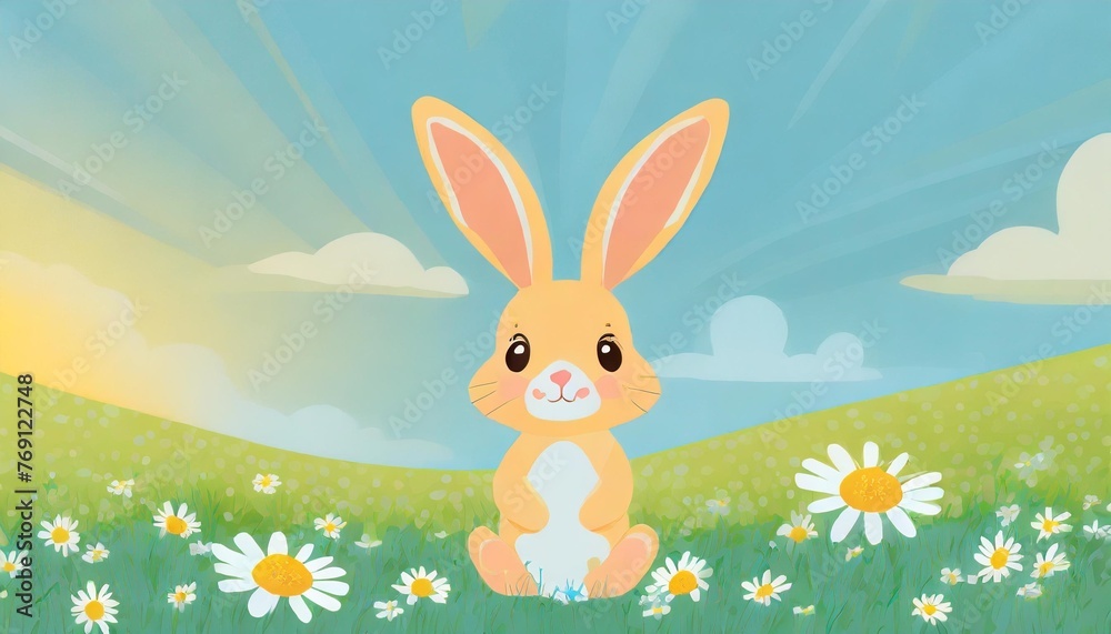 cute cartoon happy bunny on blue sky and green meadow grass with daisy background adorable rabbit for easter spring holiday design cute cartoon happy bunny on blue sky and green meadow grass with daisy background adorable rabbit for easter spring holiday design