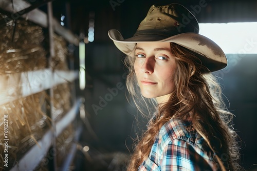 Young female farmer in barn with sunlight. Agriculture industry concept. Farming lifestyle, farmland. Design for banner, poster with copy space © dreamdes