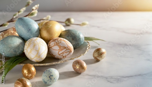 colorful easter eggs with marble ornaments on white background copy space for text placement