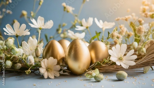 spring easter eggs among flowers on pastel blue background