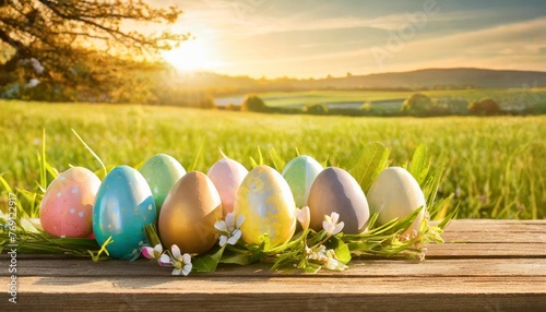 a collection of painted easter eggs celebrating a happy easter on a spring day with green grass meadow background with copy space and a rustic woodern bench to display products