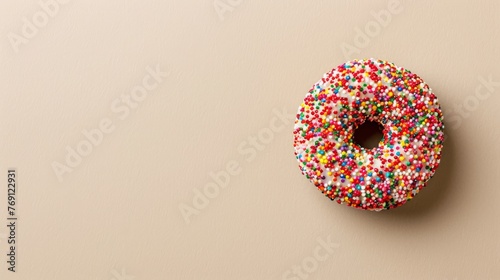  A beige wall holds a donut adorned with sprinkles and a cup of coffee