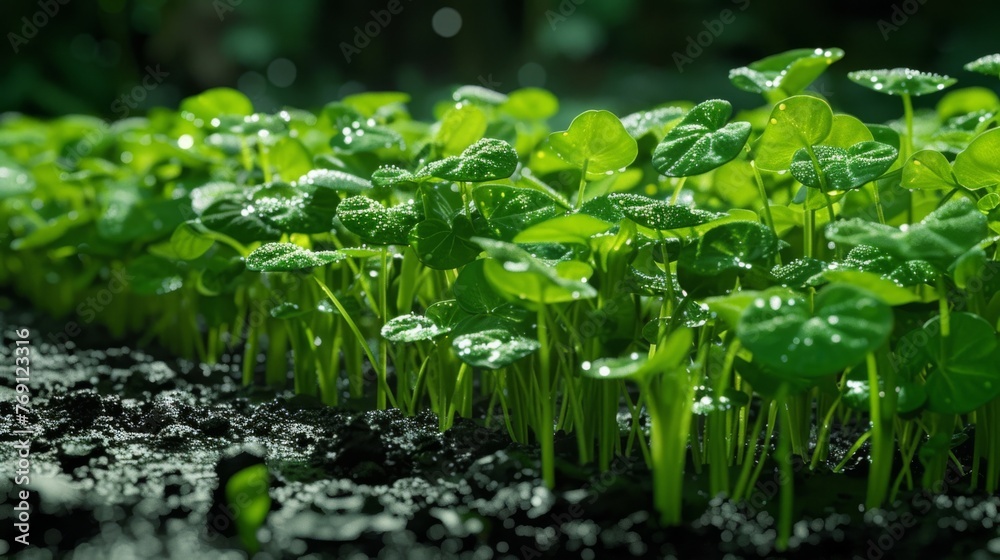 A detailed image of blades of grass dotted with water droplets on their leaves and tiny shoots emerging from the earth A detailed image of blades of grass dotted with water droplets on their leaves and tiny shoots emerging from the earth