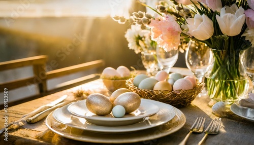 beautiful easter table setting with flowers and easter eggs photo