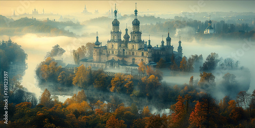 Old Russian medieval monastery situated on river or lake island at early morning mist and fog with gentle sunrise light