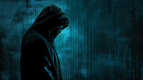 Hooded figure against digital binary code background with copy space