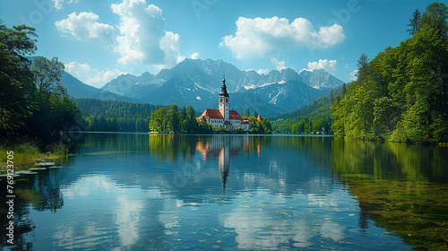 European cathedral on countryside, locates on lake with beautiful mountains panorama at the background