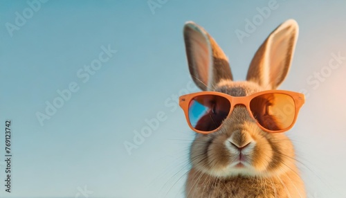 funny rabbit in trendy orange sunglasses pastel blue background copy space for text image