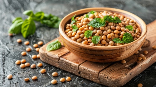  A bowl full of chickpeas on a wood cutting board beside a green plant