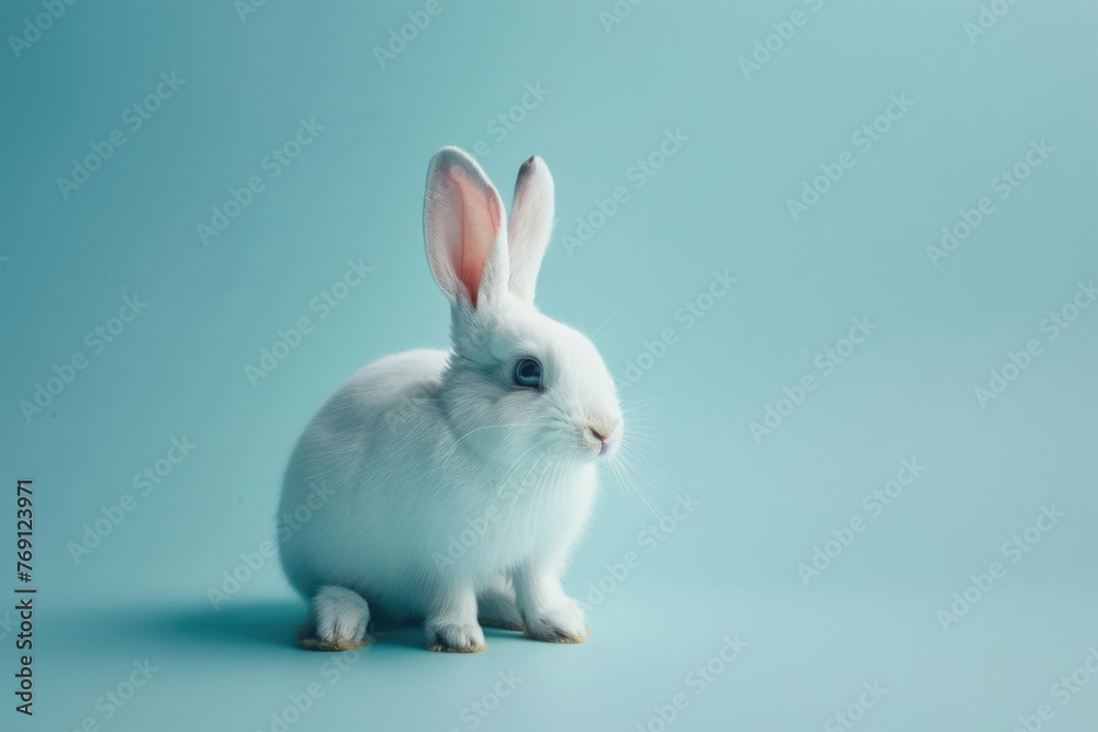 A purebred rabbit poses for a portrait in a studio with a solid color background during a pet photoshoot.
A purebred rabbit poses for a portrait in a studio with a solid color background during a pet photoshoot.