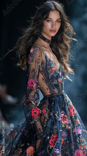 Very beautiful female woman model is walking at fashion runway show