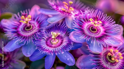   A macro shot featuring multiple violet blossoms surrounded by golden filaments within their delicate petals