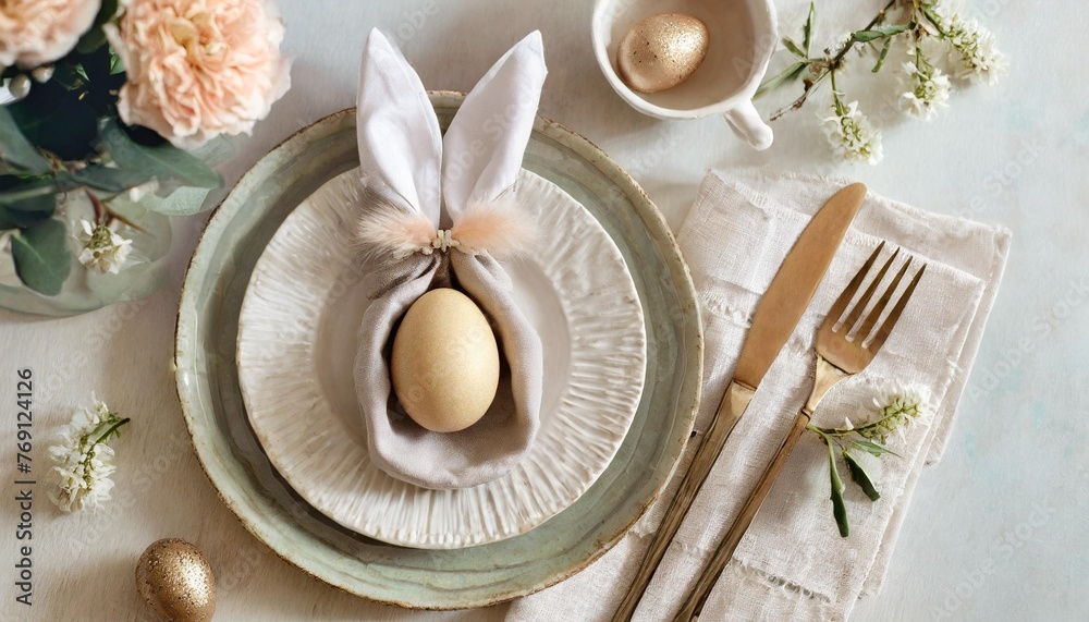 stylish easter flat lay table setting with egg in easter bunny napkin modern natural dyed egg on napkin with bunny ears flowers on vintage plate rustic easter table decorations stylish easter flat lay table setting with egg in easter bunny napkin modern natural dyed egg on napkin with bunny ears flowers on vintage plate rustic easter table decorations