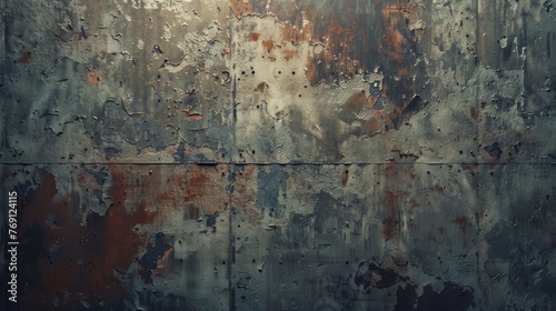 A rusted metal texture, with layers of peeling paint in faded 1950s-style colors, symbolizing the decaying remnants of a once-advanced civilization created with Generative AI Technology photo