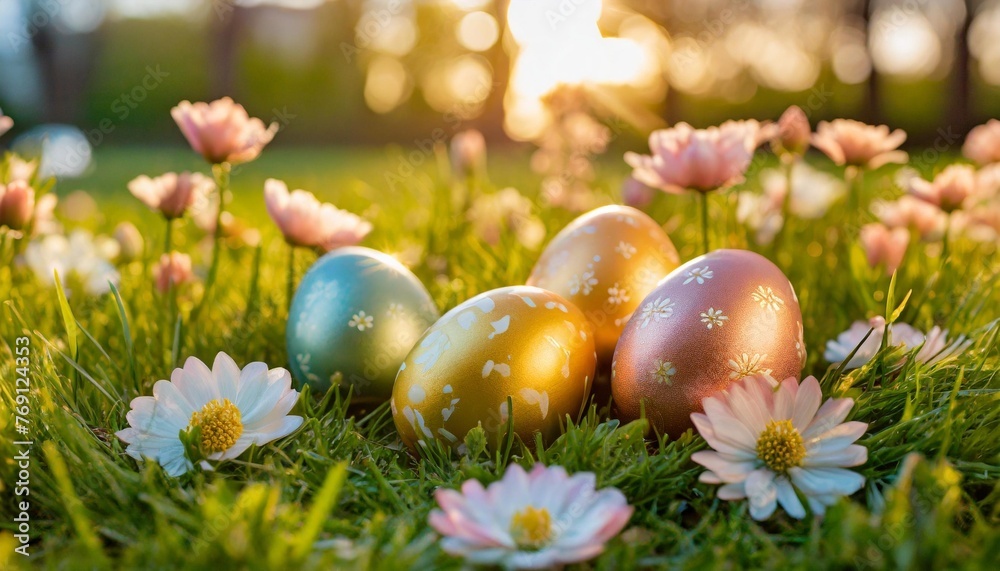 colorful easter eggs on green grass with spring flowers