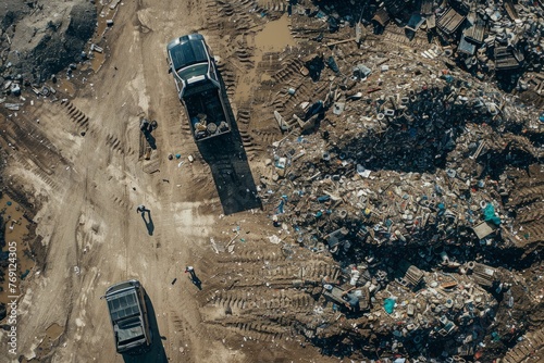 Overhead drone shot capturing a dump truck amidst overflowing trash at a dump yard