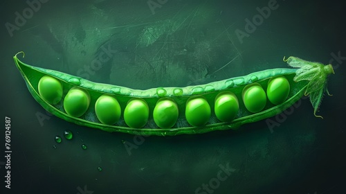  A macro shot of a green pea pod on a dark canvas with moisture beading off the surface