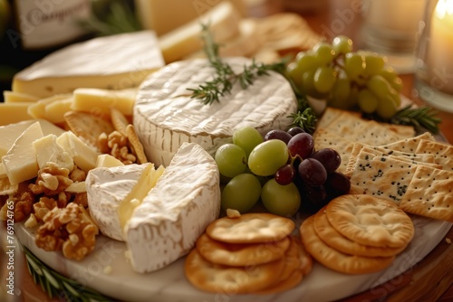 A close-up view of a gourmet cheese platter featuring an assortment of cheeses, crackers, grapes, and nuts on a kitchen counter