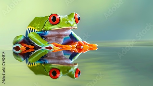   A green frog sits atop water with a mirror image of its body beneath