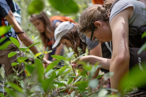 A group of individuals in the forest, bending down to closely examine and study various plants in their natural habitat