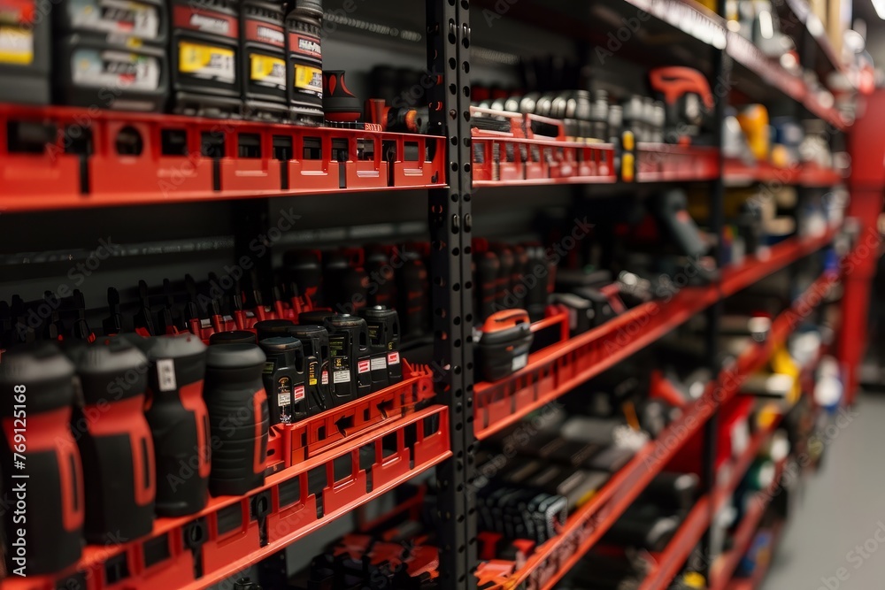 Store shelf filled with specialized automotive tools and equipment, offering a wide range of options for DIY enthusiasts and professionals alike