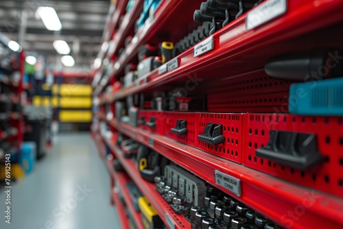 A close-up view of a red shelf packed with various specialized tools and equipment, focused on automotive needs