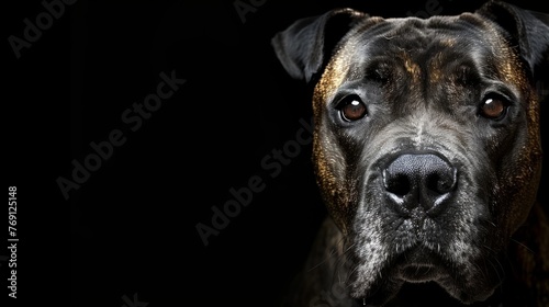  A close-up photo of a dog's face on a black backdrop with a highlight on its snout