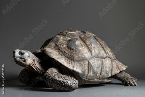 A purebred turtle poses for a portrait in a studio with a solid color background during a pet photoshoot.