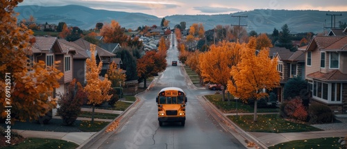 Back to School Adventure: Children Waving Goodbye on First Day of Journey Through Suburban Neighborhood