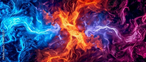  A detailed image of a swirling multicolor pattern against a dark background The colors used are red, orange, and blue
