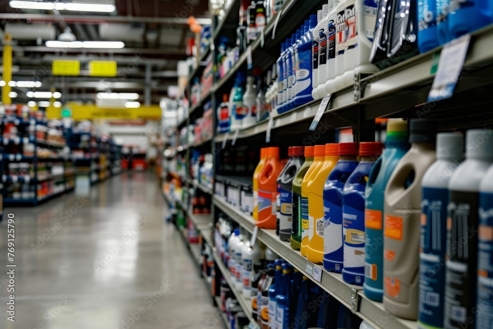 A store aisle lined with shelves stocked with numerous bottles of different cleaner products