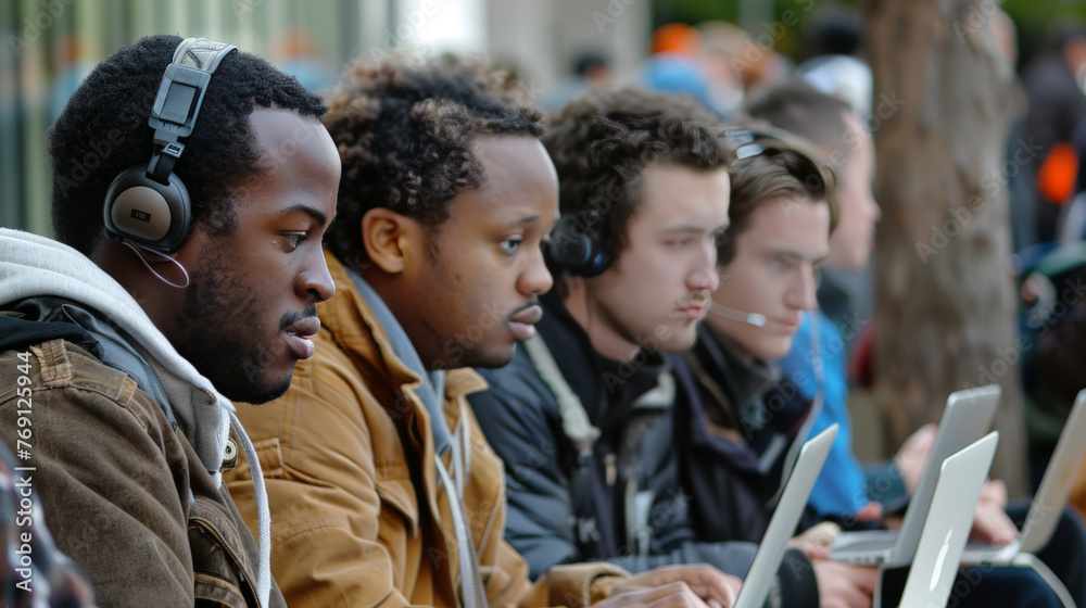 Ethnically diverse group of students outdoors using a laptop, concept of teamwork and technology. Ethnically diverse group of students outdoors using a laptop, concept of teamwork and technology.