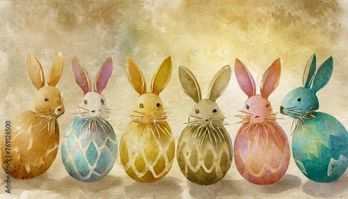 illustrative rabbits and multicolored easter eggs on grunge paper texture hand drawn wallpaper design