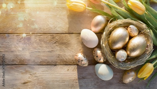 easter holiday background with easter eggs and tulip flowers on wooden table top view from above