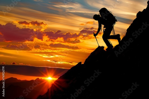 Silhouette of hiker ascending mountain trail during sunset
