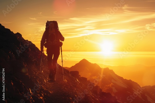 Silhouette of a person trekking up a mountain trail during sunset