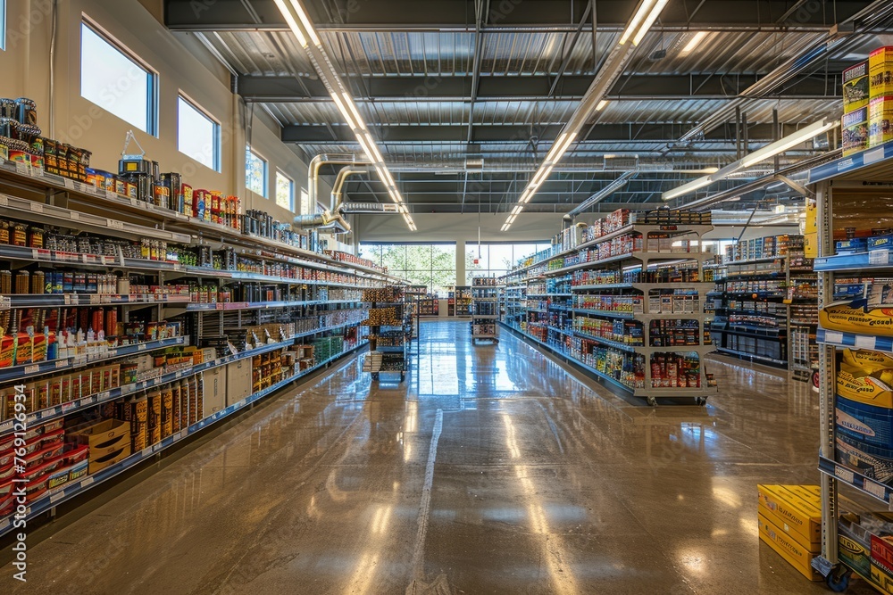 A wide shot of a well-organized and spacious grocery store filled with a variety of food products under natural light