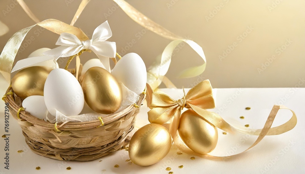 easter background with white and golden eggs in a basket easter concept gold bow and ribbons elegant minimalist style easter celebration idea light pastel cream background with copyspace